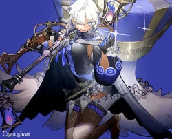 Rule 34 | 1girl, animal ears, armpit cutout, asymmetrical gloves, belt, black footwear, black gloves, black shirt, black thighhighs, blue background, blue eyes, clothing cutout, commentary, earrings, fingerless gloves, full body, gloves, hair over one eye, holding, holding weapon, jewelry, lantern, long hair, looking at viewer, mismatched gloves, noco (pixiv14976070), open mouth, original, shirt, simple background, smile, solo, sparkle, thighhighs, weapon, white hair