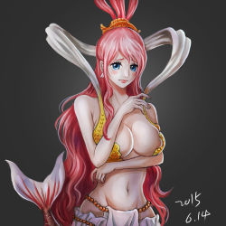 Rule 34 | 10s, 1girl, 2015, breasts, female focus, gradient background, lt, mermaid, monster girl, one piece, pink hair, shirahoshi, solo