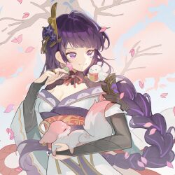 Rule 34 | 1girl, animal, animal ears, animal on shoulder, bird, bird on shoulder, blue sky, blunt bangs, braid, cherry blossoms, dango, earrings, emet--selch, falling petals, food, genshin impact, hair ornament, hand up, highres, holding, japanese clothes, jewelry, long hair, looking at animal, looking to the side, mole, mole under eye, petals, purple eyes, purple hair, purple nails, raiden shogun, red scarf, scarf, single braid, sky, smile, solo, wagashi, yae miko, yae miko (fox)