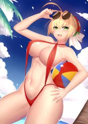 Rule 34 | 1girl, adjusting eyewear, ahoge, blonde hair, blush, breasts, bu li, cleavage, covered erect nipples, day, eyewear on head, fate/extra, fate (series), green eyes, hair bun, hair intakes, hand on own hip, highres, large breasts, looking at viewer, navel, nero claudius (fate), nero claudius (fate) (all), nero claudius (fate/extra), official alternate costume, open mouth, outdoors, single hair bun, slingshot swimsuit, smile, solo, sunglasses, sunglasses on head, swimsuit, toned