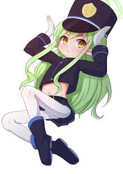 Rule 34 | 1girl, :&lt;, absurdres, arms up, black footwear, black hat, black jacket, black skirt, blue archive, blush, boots, brown eyes, closed mouth, commentary request, cropped jacket, gloves, green hair, halo, hat, hikari (blue archive), highres, jacket, long hair, long sleeves, midriff, navel, neko miyabi (artist), pantyhose, peaked cap, pleated skirt, pointy ears, simple background, skirt, solo, very long hair, white background, white gloves, white pantyhose