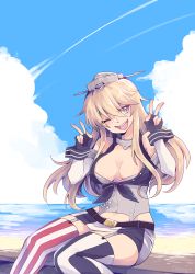 Rule 34 | 10s, 1girl, absurdres, beach, blonde hair, blue eyes, breasts, chrabi, cleavage, cloud, day, double v, highres, iowa (kancolle), kantai collection, large breasts, long hair, one eye closed, open mouth, outdoors, sitting, skirt, sky, smile, solo, star-shaped pupils, star (symbol), symbol-shaped pupils, thighhighs, v, zettai ryouiki