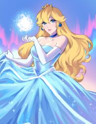Rule 34 | 1girl, bare shoulders, blonde hair, blue choker, blue dress, blue eyes, breasts, choker, cleavage, closed mouth, clothes lift, commission, crown, dress, dress lift, earrings, elbow gloves, gloves, hair between eyes, highres, jewelry, kivavis, large breasts, long dress, long hair, mario (series), mini crown, nintendo, princess peach, smile, solo, sparkle, strapless, strapless dress, wavy hair, wedding dress, white gloves