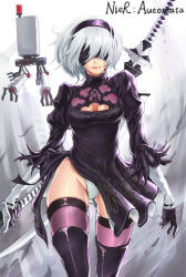 Rule 34 | 1girl, 2b (nier:automata), black dress, black hairband, blindfold, boots, breasts, chitu hefeng zhong, cleavage, cleavage cutout, clothing cutout, commentary request, covered eyes, dress, feather-trimmed sleeves, hairband, highleg, highleg leotard, highres, holding, holding sword, holding weapon, juliet sleeves, katana, leotard, long sleeves, medium breasts, mole, mole under mouth, nier:automata, nier (series), pink lips, pod (nier:automata), puffy sleeves, solo, sword, sword behind back, thighhighs, thighhighs under boots, thighs, turtleneck, turtleneck dress, vambraces, walking, weapon, white leotard