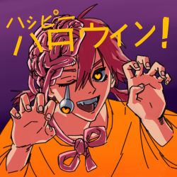 Rule 34 | 1girl, absurdres, black eyes, brain, bulging eyes, chainsaw man, cosmo (chainsaw man), demon girl, eye pop, fang, halloween, halloween costume, hands up, happy halloween, heart, heart-shaped pupils, highres, hottochippu, looking at viewer, one eye closed, open mouth, pink hair, purple background, smile, solo, symbol-shaped pupils