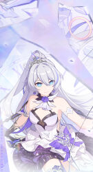 Rule 34 | 1girl, bare shoulders, blue eyes, blue flower, breasts, chinese commentary, crown, dress, earrings, english text, flower, high ponytail, highres, holding, holding sword, holding weapon, honkai (series), honkai impact 3rd, jewelry, kiana kaslana, kiana kaslana (herrscher of flamescion), looking away, medium breasts, multicolored hair, official alternate costume, official art, official wallpaper, ponytail, roman numeral, smile, solo, streaked hair, sword, weapon, white dress, white hair