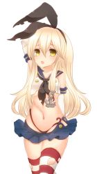 Rule 34 | 10s, 1girl, anchor, anchor hair ornament, arm behind head, blonde hair, elbow gloves, gloves, hair ornament, hairband, highres, kantai collection, long hair, microskirt, mootor, navel, open mouth, personification, shimakaze (kancolle), skirt, solo, striped clothes, striped thighhighs, thighhighs, torn clothes, yellow eyes