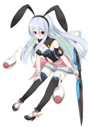 Rule 34 | 1girl, animal ears, bad id, bad nicoseiga id, breasts, cccpo, cleavage, clothing cutout, fake animal ears, full body, gloves, hairband, high heels, long hair, looking at viewer, medium breasts, navel, navel cutout, original, rabbit ears, red eyes, shoes, silver hair, simple background, smile, solo, weapon
