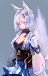 Rule 34 | 1girl, animal ears, azur lane, blue eyes, breasts, cleavage, cowboy shot, fox ears, fox tail, japanese clothes, kaga (azur lane), large breasts, looking at viewer, multiple tails, parted lips, short hair, smile, solo, suisai (suisao), tail, white hair