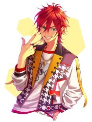 Rule 34 | 1boy, amagi rinne, aqua eyes, black jacket, chain, chain necklace, chimachi, cropped torso, earrings, ensemble stars!, gold chain, grin, hair between eyes, hand on own hip, hand up, highres, jacket, jewelry, long sleeves, looking at viewer, male focus, multicolored clothes, multicolored jacket, necklace, open clothes, open jacket, red hair, ring, shirt, short hair, smile, solo, w, white jacket, white shirt, yellow jacket