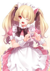 Rule 34 | ;d, animal ears, apron, black bow, black neckwear, blonde hair, bow, cat ears, collared shirt, dress shirt, hair bow, head tilt, heart, heart hands, long hair, looking at viewer, maid, maid headdress, multiple girls, one eye closed, open mouth, pink shirt, pink skirt, red eyes, shirt, short sleeves, simple background, skirt, smile, solo, sparkle, standing, takamiya ren, thousand memories, twintails, white apron, white background