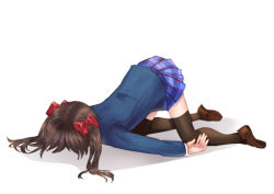 Rule 34 | 10s, 1girl, black hair, blazer, bow, commentary, faceplant, full body, hair bow, jacket, kataro, loafers, love live!, love live! school idol project, school uniform, shoes, simple background, skin tight, solo, thighhighs, top-down bottom-up, twintails, white background, yazawa nico