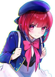 Rule 34 | 1girl, absurdres, arima kana, backpack, bag, beret, black bow, black vest, blue hat, blue jacket, blush, bow, buttons, chromatic aberration, closed mouth, collared shirt, commentary request, cropped jacket, hat, hat bow, highres, jacket, long sleeves, open clothes, open jacket, oshi no ko, pink bow, pink ribbon, red eyes, red hair, ribbon, sakuma kou, school uniform, shirt, short hair, simple background, skirt, solo, sparkle, sweatdrop, vest, white background, white skirt, youtou high school uniform