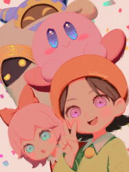 Rule 34 | 2girls, 3boys, :o, ^ ^, adeleine, animal ears, anniversary, artist name, bellhenge, beret, black hair, blue eyes, blue hood, blush stickers, bow, closed eyes, closed mouth, collar, collared dress, collared shirt, colored skin, commentary, confetti, covered mouth, disembodied hand, dress, english commentary, eyelashes, gear print, gloves, green shirt, hair bow, half-closed eye, hat, hyness, kirby, kirby: star allies, kirby (series), light blush, long sleeves, looking at viewer, magolor, multiple boys, multiple girls, nintendo, open mouth, pink hair, pink skin, pom pom (clothes), purple eyes, red bow, red dress, red footwear, red headwear, ribbon (kirby), robe, shirt, shoes, short hair, sitting, sitting on head, sitting on person, smile, solid circle eyes, solid oval eyes, teeth, upper body, upper teeth only, v, v-shaped eyes, white background, white collar, white gloves, white robe, yellow eyes