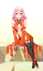 Rule 34 | 1girl, absurdres, bare shoulders, breasts, center opening, detached sleeves, fingerless gloves, full body, gloves, guilty crown, hair ornament, hairclip, highres, long hair, looking at viewer, medium breasts, navel, pink hair, red eyes, sarina (tosiyukiryousuke), sitting, solo, twintails, yuzuriha inori