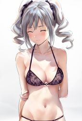 Rule 34 | 1girl, arms behind back, bare shoulders, black bra, blush, bow, bra, breasts, cleavage, closed eyes, collarbone, drill hair, floral print, hair bow, idolmaster, idolmaster cinderella girls, kanzaki ranko, medium breasts, navel, rose print, silver hair, simple background, solo, stenciled rose, takeashiro, twin drills, twintails, underwear, underwear only, white background
