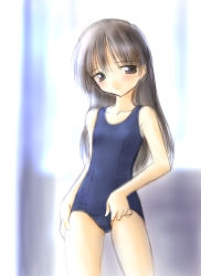 Rule 34 | 1girl, adjusting clothes, adjusting swimsuit, blue one-piece swimsuit, blurry, blurry background, blush, female focus, long hair, norizou type-r, one-piece swimsuit, school swimsuit, sketch, solo, standing, swimsuit