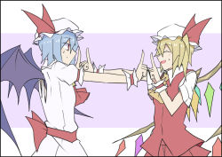Rule 34 | 2girls, :d, ^ ^, ascot, back bow, back cutout, bat wings, blonde hair, blue hair, bow, bowed wings, closed eyes, clothing cutout, collared shirt, commentary request, cowboy shot, dress, flandre scarlet, hair between eyes, hat, hat bow, hat ribbon, index finger raised, kenuu (kenny), koi dance, looking at another, mob cap, multiple girls, open mouth, purple background, red ascot, red bow, red eyes, red ribbon, red shirt, red vest, remilia scarlet, ribbon, shirt, short hair, short sleeves, siblings, side ponytail, sideways mouth, simple background, sisters, skirt, skirt set, smile, sweatdrop, symmetrical hand pose, touhou, two-tone background, vest, white background, white dress, white shirt, wings, wrist cuffs, yellow ascot