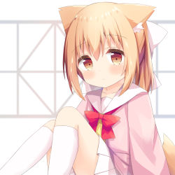 Rule 34 | 1girl, absurdres, animal ear fluff, animal ears, blush, bow, brown eyes, closed mouth, commentary request, hair between eyes, hair bow, highres, jacket, kneehighs, light brown hair, looking at viewer, miike-chan, nakkar, open clothes, open jacket, original, pink jacket, pleated skirt, red bow, sailor collar, shirt, skirt, socks, solo, tail, white background, white bow, white sailor collar, white skirt, white socks, yellow shirt