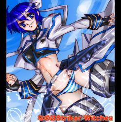 Rule 34 | 1girl, alternate weapon, blue eyes, blue hair, blue panties, crossover, lowleg, lowleg panties, lyrical nanoha, mahou shoujo lyrical nanoha, mahou shoujo lyrical nanoha strikers, matching hair/eyes, panties, parody, revolver knuckle, saitou chiwa, solo, strike witches, striker unit, striped clothes, striped panties, subaru nakajima, underwear, voice actor connection, weapon, world witches series