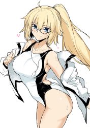 Rule 34 | 1girl, absurdres, bare shoulders, bespectacled, blonde hair, blue eyes, collarbone, competition swimsuit, fate/grand order, fate (series), glasses, halcon, heart, highres, jacket, jacket over swimsuit, jeanne d&#039;arc (fate), jeanne d&#039;arc (ruler) (fate), jeanne d&#039;arc (swimsuit archer) (fate), jeanne d&#039;arc (swimsuit archer) (second ascension) (fate), looking at viewer, one-piece swimsuit, ponytail, simple background, sketch, smile, solo, swimsuit, whistle, whistle around neck, white background