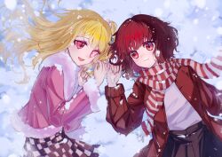 Rule 34 | 2girls, absurdres, arima kana, blonde hair, bob cut, closed mouth, highres, hoshino ruby, inverted bob, jacket, long hair, looking at another, multiple girls, open mouth, oshi no ko, pink eyes, pink jacket, red eyes, red hair, red jacket, red shawl, scarf, shawl, short hair, skirt, smile, snow, snowing, striped clothes, striped scarf, vertical-striped clothes, vertical-striped scarf, xiang yu pai