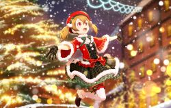 Rule 34 | 1girl, :d, alternate costume, blurry, blurry background, bow, brown hair, christmas tree, dress, fur-trimmed sleeves, fur trim, gloves, green bow, grey gloves, hair between eyes, hat, hat bow, layered dress, lens flare, long hair, looking up, open mouth, outstretched arms, plaid, plaid dress, plaid gloves, red eyes, red hat, short dress, short twintails, silica, smile, snowing, solo, standing, standing on one leg, striped clothes, striped thighhighs, sword art online, thighhighs, twintails, vertical-striped clothes, vertical-striped thighhighs, white thighhighs, winter