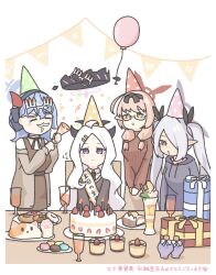 Rule 34 | 4girls, ^ ^, ahoge, ako (blue archive), birthday, blue archive, blue hair, box, cake, candle, chinatsu (blue archive), closed eyes, enobun3gyo, flying sweatdrops, food, gift, gift box, grey hair, grey hoodie, halo, hat, highres, hina (blue archive), holding, holding party popper, hood, hoodie, iori (blue archive), macaron, multiple girls, parfait, party hat, party popper, pointy ears, prefect team (blue archive), sash, strawberry cake, streamers, translation request