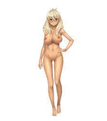 Rule 34 | 1girl, aqua eyes, barefoot, blonde hair, breasts, censored, completely nude, dark-skinned female, dark skin, full body, game (=eroge) mitai na, suteki na koi ga shitai!, game (=eroge) mitai na suteki na koi ga shitai!, gluteal fold, hand on own hip, highres, ino (magloid), large breasts, lisha lockheart, long hair, looking at viewer, mosaic censoring, navel, nipples, non-web source, nude, official art, photoshop (medium), pussy, red-framed eyewear, shiny skin, smile, solo, standing, tachi-e, transparent background