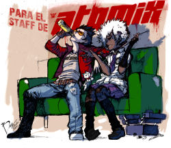 Rule 34 | afro, belt, black hair, couch, drinking, glasses, gloves, grasshopper manufacture, highres, jacket, necktie, no more heroes, scar, shinobu jacobs, silver hair, skirt, stitches, sunglasses, torn clothes, travis touchdown