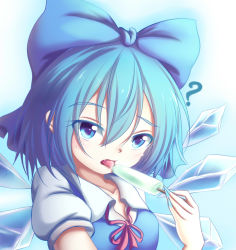 Rule 34 | 1girl, ?, arm at side, arm up, blue background, blue bow, blue eyes, blue nails, blue vest, bow, breasts, cirno, colored eyelashes, dior-zi, fang, food, gradient background, hair between eyes, hair bow, head tilt, highres, licking, looking at viewer, nail polish, open mouth, pink ribbon, popsicle, puffy short sleeves, puffy sleeves, ribbon, shirt, short hair, short sleeves, simple background, small breasts, solo, tongue, tongue out, touhou, upper body, vest, white shirt, wings