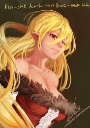 Rule 34 | 1girl, absurdres, bakemonogatari, bare shoulders, blonde hair, breasts, brown background, character name, cleavage, collarbone, fang, fang out, female focus, highres, kiss-shot acerola-orion heart-under-blade, large breasts, light smile, lips, long hair, monogatari (series), nose, oshino shinobu, pointy ears, signature, simple background, solo, unknown (dgraymem), upper body, very long hair