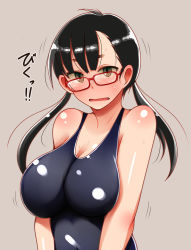Rule 34 | 1girl, bad id, bad pixiv id, black hair, breasts, brown background, brown eyes, female focus, glasses, large breasts, long hair, looking at viewer, low twintails, odoriyama gorou, one-piece swimsuit, original, red-framed eyewear, school swimsuit, simple background, solo, sweat, swimsuit, translated, twintails