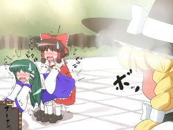 Rule 34 | 3girls, bent over, blonde hair, blush, bow, braid, brown hair, commentary request, detached sleeves, doggystyle, dress, female pervert, forest, frog hair ornament, from behind, full-face blush, green hair, hair bow, hair ornament, hair tubes, hakurei reimu, hat, humping, implied futanari, implied sex, kirisame marisa, kochiya sanae, multiple girls, nature, pervert, red dress, sex, sex from behind, shirosato, shirt, single braid, skirt, skirt set, snake hair ornament, sweatdrop, touhou, trembling, wide sleeves, witch hat, yuri