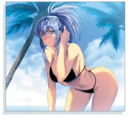 Rule 34 | 1girl, bent over, bikini, blue eyes, blue hair, blue sky, blush, breasts, cloud, cloudy sky, coconut tree, day, frown, highres, homare (fool&#039;s art), large breasts, leona heidern, lips, looking at viewer, matching hair/eyes, palm tree, plant, ponytail, sideboob, sky, snk, solo, spiked hair, swimsuit, the king of fighters, tree, wavy mouth