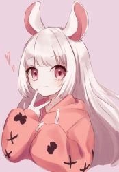 Rule 34 | 1girl, animal ears, brown hoodie, closed mouth, commentary request, copyright request, cropped torso, drawstring, heart, hood, hood down, hoodie, kibimaro, long hair, long sleeves, looking at viewer, mouse ears, nail polish, pink nails, puffy long sleeves, puffy sleeves, purple background, red eyes, silver hair, simple background, sleeves past wrists, smile, solo, upper body, very long hair, virtual youtuber