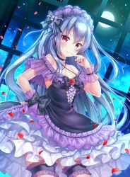 Rule 34 | 1girl, aoba project, aoba rena, bare shoulders, black bow, black choker, black dress, black nails, blue hair, blush, bow, breasts, bridal garter, choker, closed mouth, collarbone, commentary request, contrapposto, cowboy shot, criss-cross halter, dress, finger to mouth, frilled cuffs, frilled dress, frills, full moon, glint, hair between eyes, hair bow, halterneck, hand on own hip, hand up, head tilt, headdress, highres, indoors, lace trim, layered dress, light particles, long hair, looking at viewer, moon, nail polish, night, night sky, off-shoulder dress, off shoulder, petals, red eyes, sakura moyon, sidelocks, sky, small breasts, smile, solo, standing, two side up, v-shaped eyebrows, window, wrist cuffs