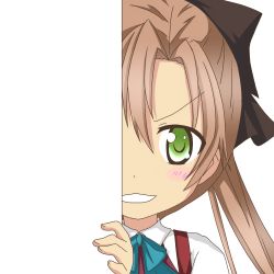 Rule 34 | &gt;:d, 10s, 1girl, :d, akigumo (kancolle), brown hair, green eyes, hair ribbon, kantai collection, long hair, looking at viewer, nagineko, open mouth, peeking out, ribbon, school uniform, smile, solo, transparent background, v-shaped eyebrows