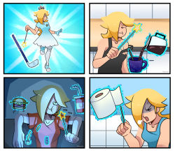 Rule 34 | bathroom, blonde hair, breasts, burger, coffee, coffee cup, coffee mug, coffee pot, collarbone, comic, controller, crown, cup, disposable cup, eating, food, french fries, gloves, golf, golf club, hair over one eye, highres, kirby, kirby (series), mario (series), mario golf, mario golf: super rush, mug, mundane utility, nintendo, remote control, rosalina, soft drink, straining, thegreyzen, toilet paper, wand