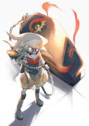 Rule 34 | 1boy, bokura no taiyou, boots, chain, coffin, django (boktai), from above, full body, h jyo ch, highres, holding, holding chain, looking at viewer, looking up, red scarf, scarf, shadow, simple background, solo, white background, white hair, yellow footwear