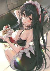 Rule 34 | 1girl, :p, absurdres, armband, azur lane, back, back bow, backless dress, backless outfit, black dress, black hair, blurry, blurry background, bow, breasts, cake, chromatic aberration, commentary request, cream, cream on body, cream on breasts, crossed bangs, dress, food, frilled dress, frills, fruit, hair between eyes, hair ornament, highres, holding, holding food, holding plate, huge filesize, large breasts, long hair, looking at viewer, luna nyann, maid, maid headdress, plate, red dress, red eyes, shoulder blades, sideboob, sitting, solo, strawberry, taihou (azur lane), tongue, tongue out, two-tone dress, white bow