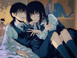 Rule 34 | 2girls, bed, black hair, black ribbon, black skirt, chainsaw man, collared shirt, dress, facial scar, feet out of frame, hair between eyes, highres, indoors, long hair, long sleeves, looking at another, mitaka asa, multiple girls, neck ribbon, on bed, open mouth, pinafore dress, ponytail, ribbon, ringed eyes, scar, scar on cheek, scar on face, school uniform, shirt, skirt, sleeveless, sleeveless dress, socks, war devil (chainsaw man), white shirt, yellow eyes, yoru (chainsaw man), yumu (8181018)