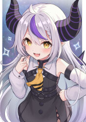 Rule 34 | 1girl, :d, ahoge, ascot, bare shoulders, black dress, black nails, blush, braid, braided bangs, collar, commentary request, demon girl, demon horns, detached sleeves, dot nose, dress, fang, fingernails, grey hair, hair between eyes, hand on own hip, hand up, highres, hololive, horns, la+ darknesss, la+ darknesss (1st costume), long hair, looking at viewer, multicolored hair, nail polish, o-ring, open mouth, oridays, pillar, pointy ears, purple hair, sidelocks, skin fang, smile, solo, star (symbol), streaked hair, striped horns, tail, very long hair, virtual youtuber, yellow ascot, yellow eyes