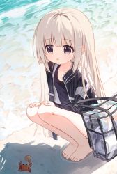 Rule 34 | 1girl, animal, bag, barefoot, beach, black jacket, black one-piece swimsuit, brown eyes, collarbone, commentary request, crab, day, hands on own knees, healer girl (yuuhagi (amaretto-no-natsu)), jacket, knees up, light brown hair, long hair, looking at viewer, looking away, one-piece swimsuit, open clothes, open jacket, original, outdoors, parted lips, sand, sleeves past wrists, solo, squatting, swimsuit, swimsuit under clothes, transparent, very long hair, water, yuuhagi (amaretto-no-natsu)