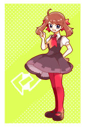 Rule 34 | 1girl, badge, black dress, black footwear, cosplay, creatures (company), dress, fang, full body, game freak, gym leader badge, hand on own hip, hibikileon, highres, looking at viewer, may (pokemon), nintendo, pantyhose, pink pantyhose, pointing, pointing up, pokemon, pokemon adventures, pokemon oras, polka dot, polka dot background, roxanne (pokemon), roxanne (pokemon) (cosplay), shoes, short sleeves, solo, standing, yellow background