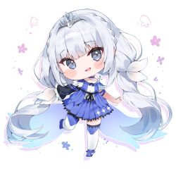 Rule 34 | 1girl, blue footwear, blue skirt, blush stickers, braid, cheli (kso1564), chibi, copyright request, drop shadow, frilled sleeves, frills, full body, grey eyes, grey hair, head tilt, highres, long hair, long sleeves, looking at viewer, open mouth, pleated skirt, shoes, simple background, single sleeve, skirt, sleeves past wrists, smile, solo, thighhighs, very long hair, virtual youtuber, white background, white thighhighs, wide sleeves