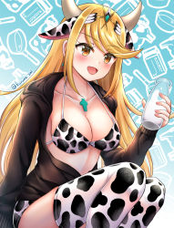 Rule 34 | 1girl, animal costume, animal ears, animal print, blonde hair, breasts, cow costume, cow ears, cow girl, cow horns, cow print, earrings, highres, horns, jewelry, kurume sml, large breasts, long hair, mythra (xenoblade), solo, swept bangs, swimsuit, tiara, very long hair, xenoblade chronicles (series), xenoblade chronicles 2, yellow eyes