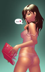 Rule 34 | 1girl, ass, book, breasts, brown hair, chester ocampo, diary, earrings, female focus, gradient background, jewelry, lingerie, lips, lipstick, looking back, makeup, nipples, panties, see-through, sideboob, solo, underwear