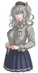 Rule 34 | 1girl, absurdres, beret, black hat, blue eyes, blue skirt, dress shirt, grey shirt, hat, highres, kantai collection, kashima (kancolle), long sleeves, looking at viewer, panties, pleated skirt, shirt, sidelocks, silver hair, simple background, skirt, smile, solo, sozan, twintails, underwear, unfastened, wavy hair, white background, white panties