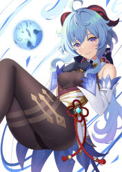 Rule 34 | 1girl, ahoge, ass, bare shoulders, bell, black gloves, black leotard, blue hair, blush, breasts, brown pantyhose, detached sleeves, dress, elbow gloves, ganyu (genshin impact), genshin impact, gloves, highleg, highleg leotard, horns, jewelry, large breasts, leotard, long hair, looking at viewer, mishiro (ixtlolton), orb, pantyhose, pendant, purple eyes, smile, solo, thighs, vision (genshin impact), white dress